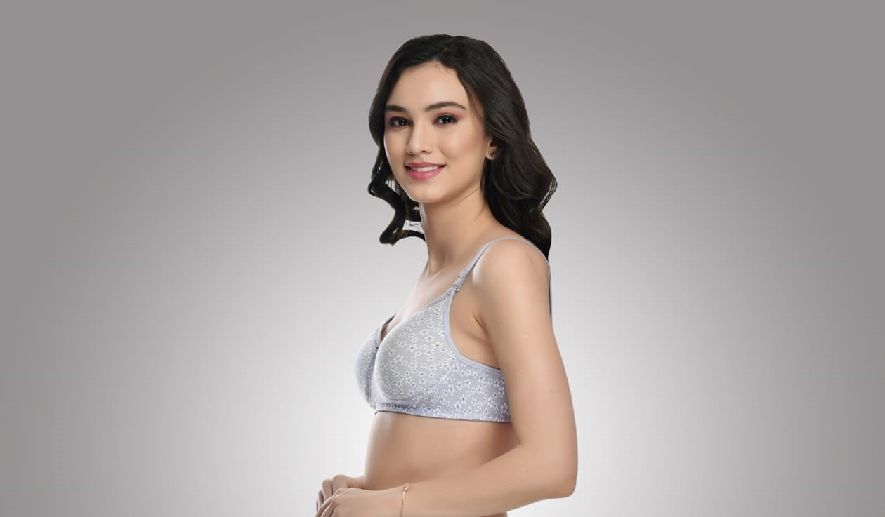 Liamoure Full Coverage Printed Padded Bra in light grey with white floral print, offering stylish and comfortable support for everyday wear.