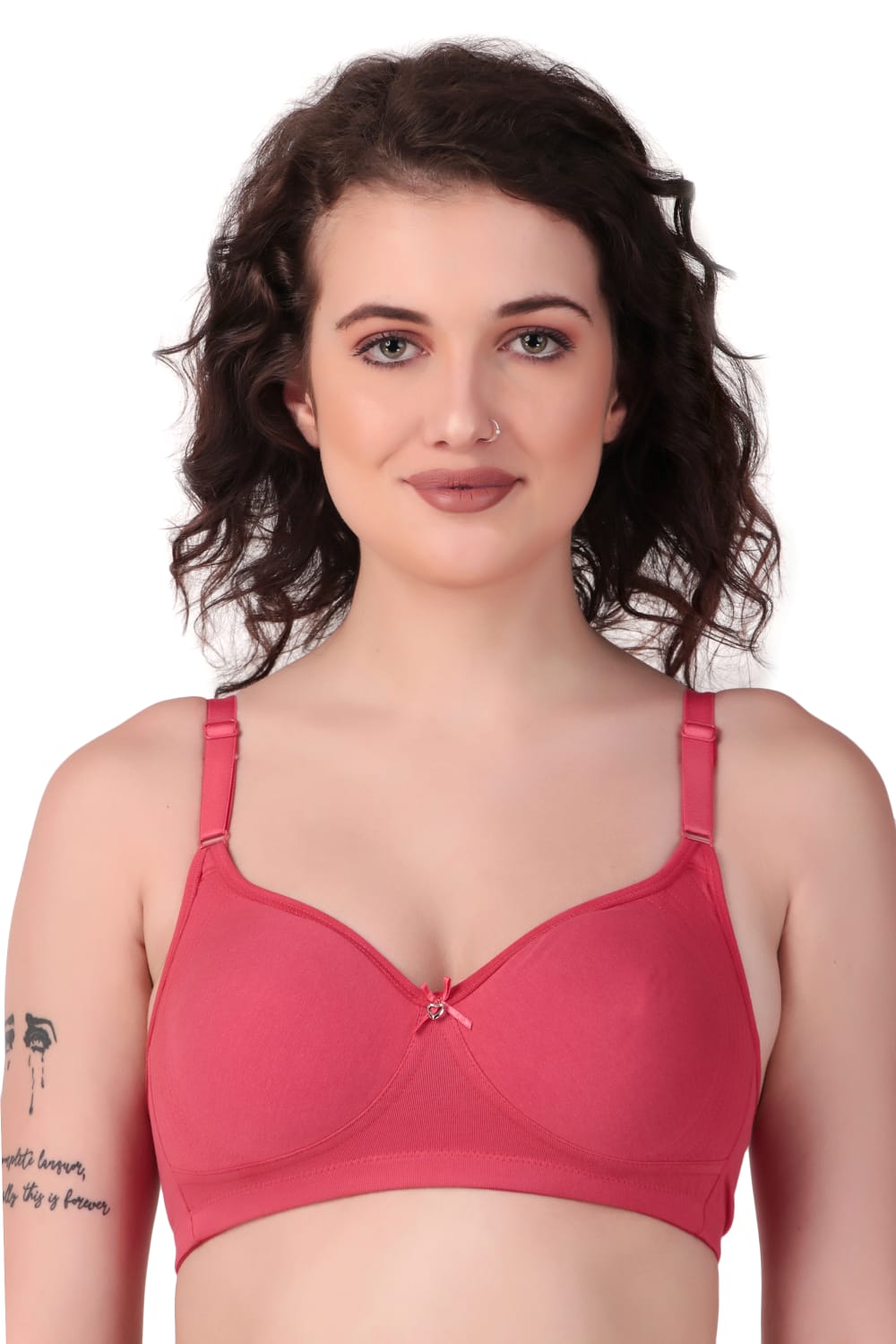 Front View of woman wearing Liamoure Medium Coverage Non Padded Cotton T-shirt Bra All Day Comfort in Red Color