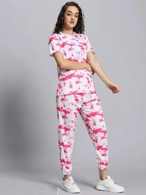Women’s Casual Tie Dye Print Night Suit – Pink & White