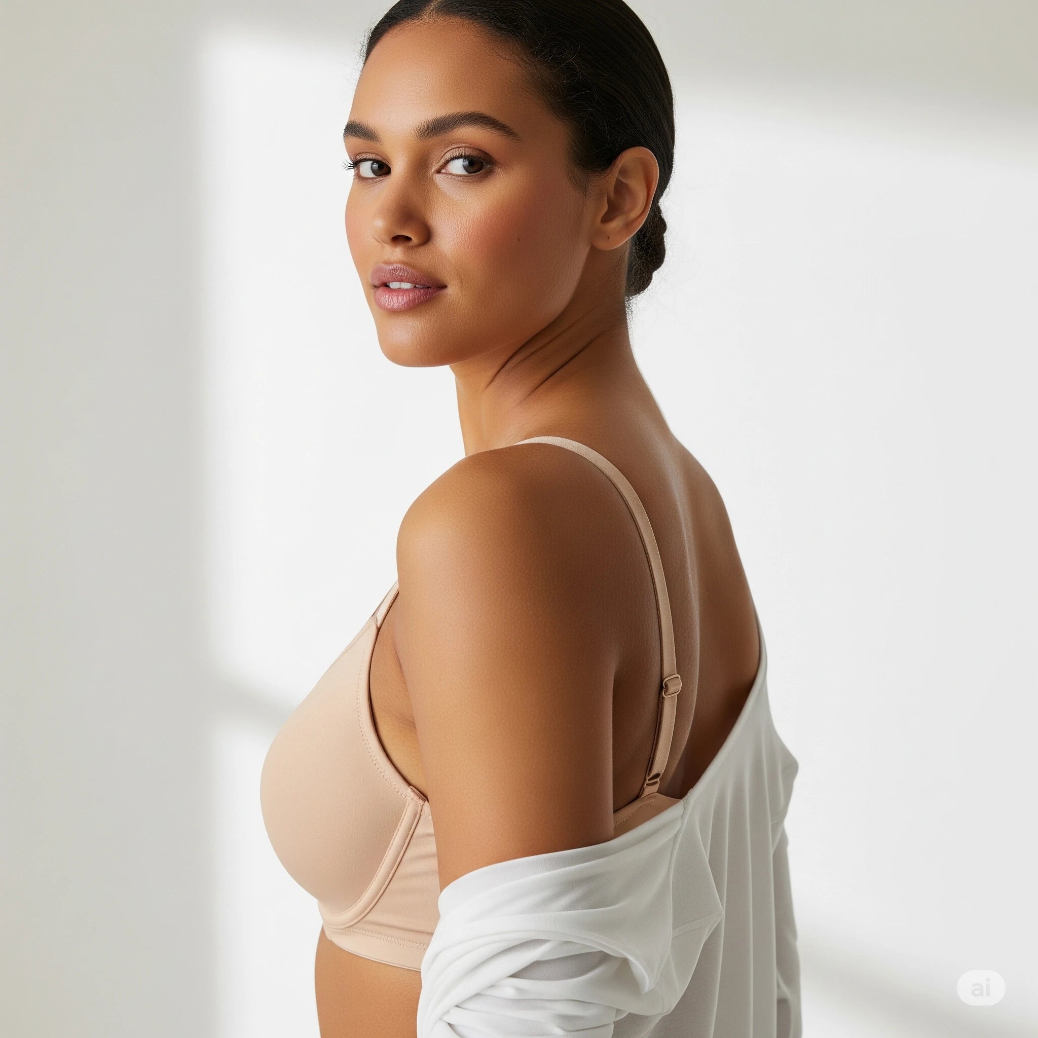 Woman in nude seamless t-shirt bra with smooth cups – Liamoure T-Shirt Bra Collection