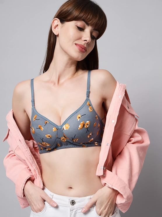 Liamoure Women's Cotton Blend Lightly Padded Full Cup Wirefree T-Shirt  Floral Bra