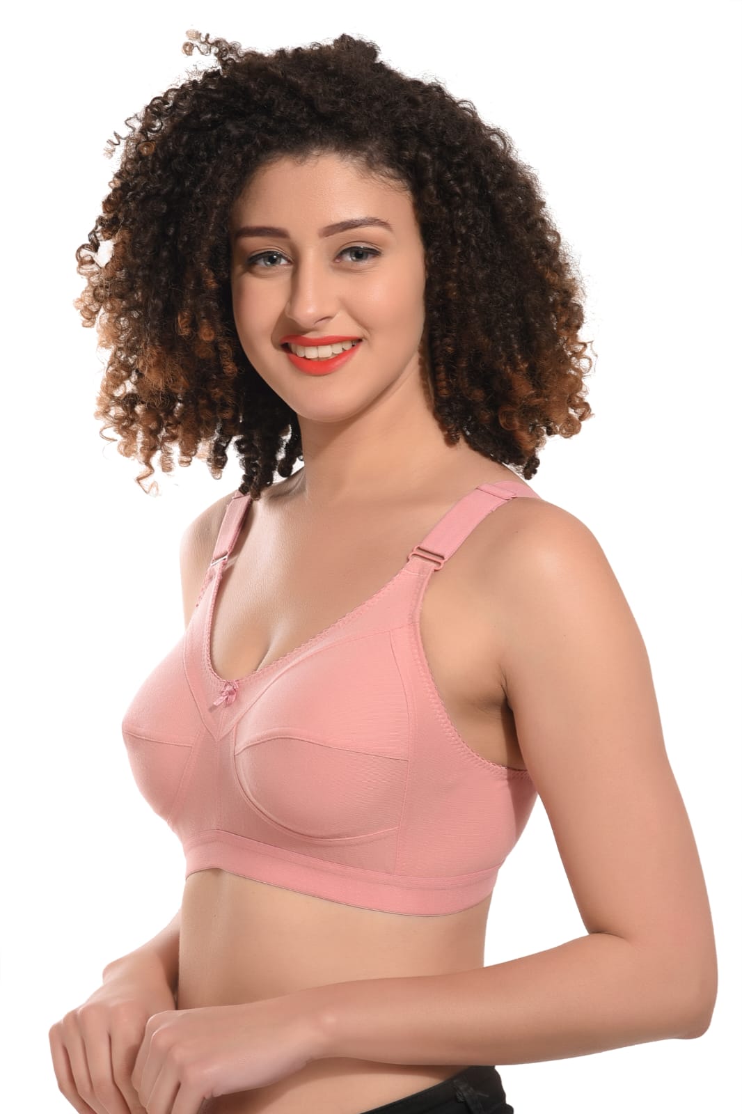 side view of woman wearing Liamoure Cotton Blend Seamed full coverage non padded bra in pink color  