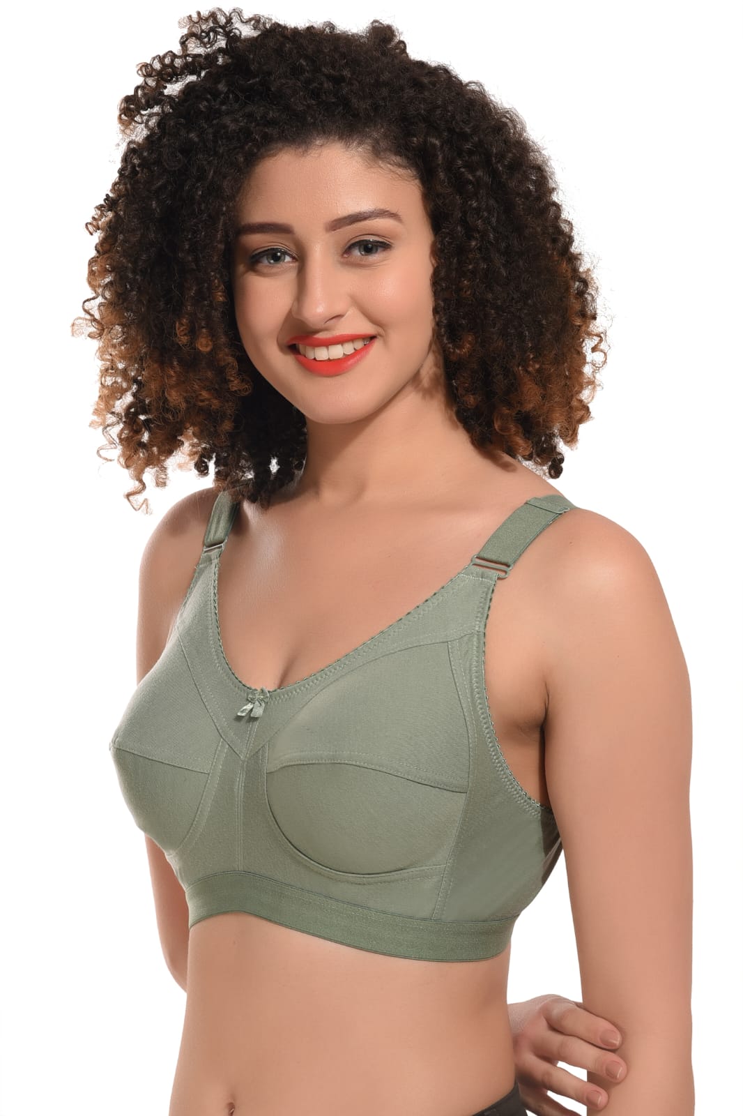 side view of woman wearing Liamoure Cotton Blend Seamed full coverage non padded bra in green color