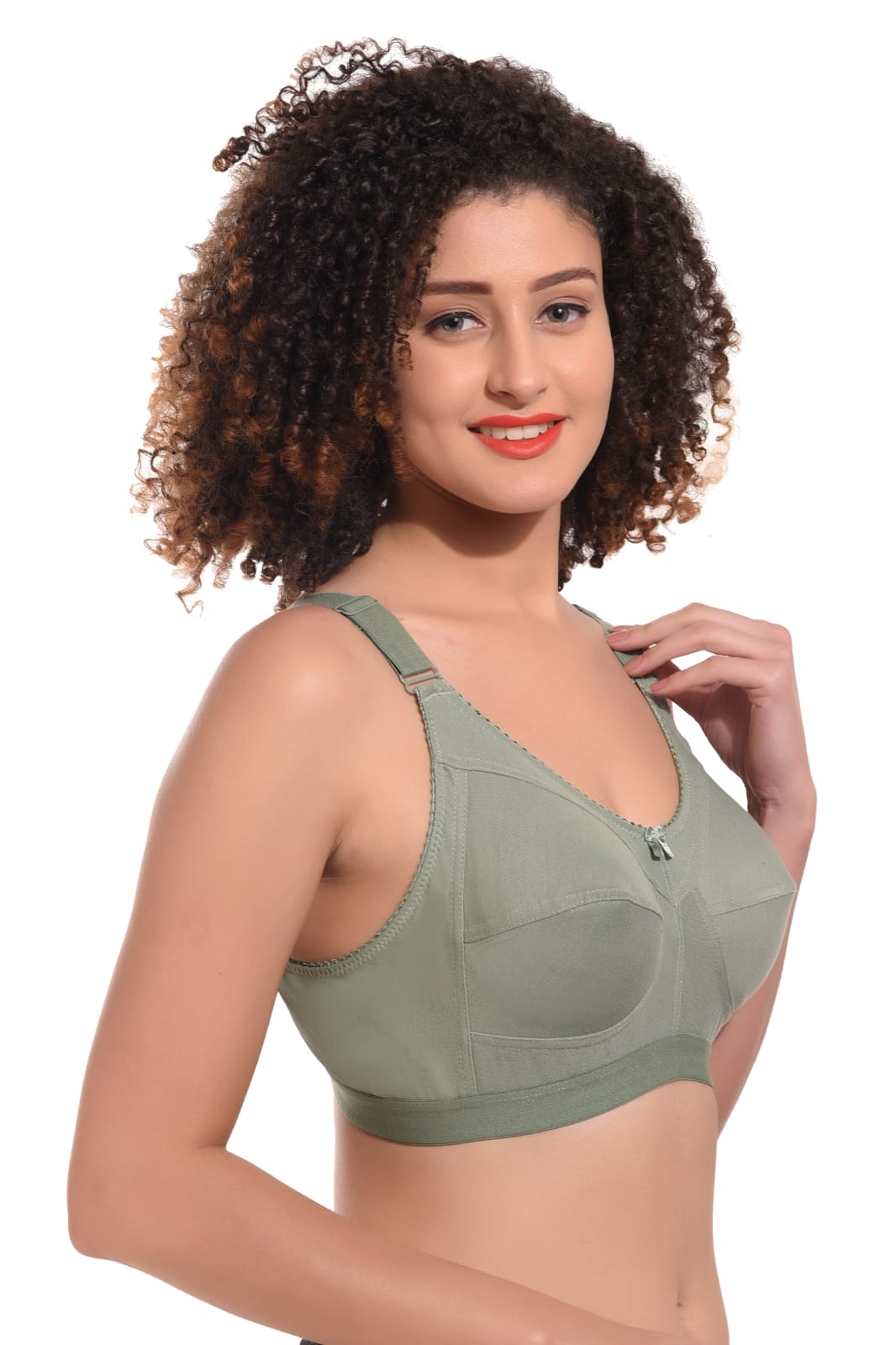 left side view of woman wearing Liamoure Cotton Blend Seamed full coverage non padded bra in green color