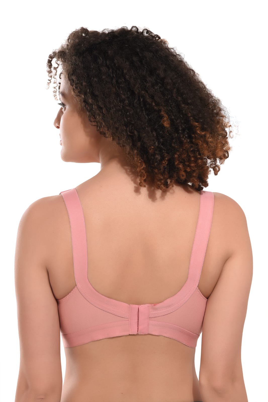 back view of woman wearing Liamoure Cotton Blend Seamed full coverage non padded bra in pink color