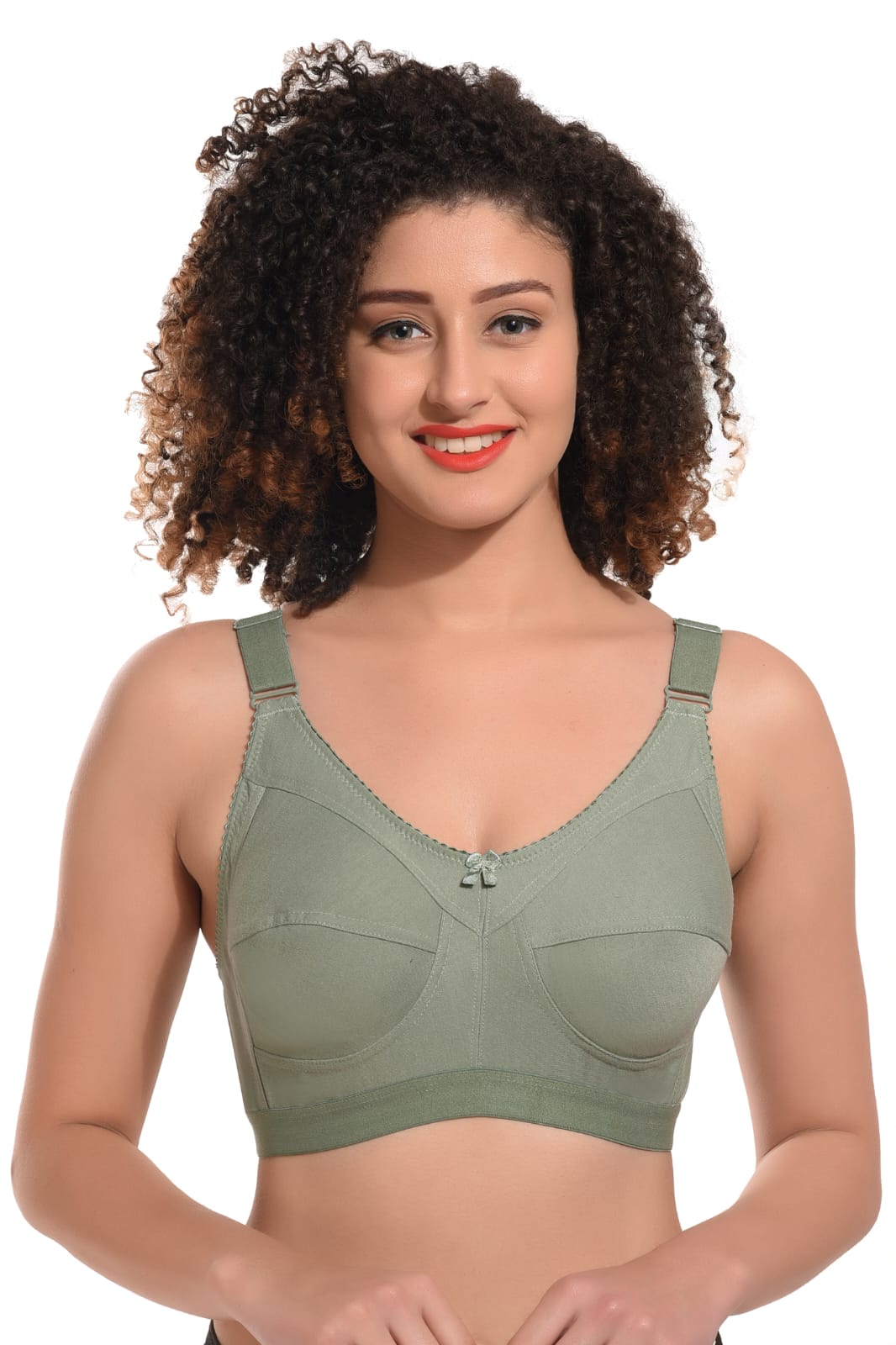 woman wearing Liamoure Cotton Blend Seamed full coverage non padded bra in green color