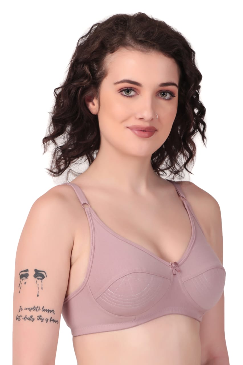 side view Liamoure Cotton Blend Seamed non wired non padded bra in light grey offers full coverage and comfort, ideal for everyday wear in lingerie collections.