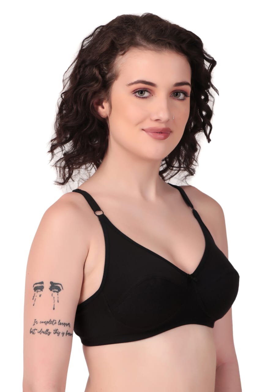 side view Liamoure Cotton Blend Seamed non wired non padded bra in black offers full coverage and comfort, ideal for everyday wear in lingerie collections.