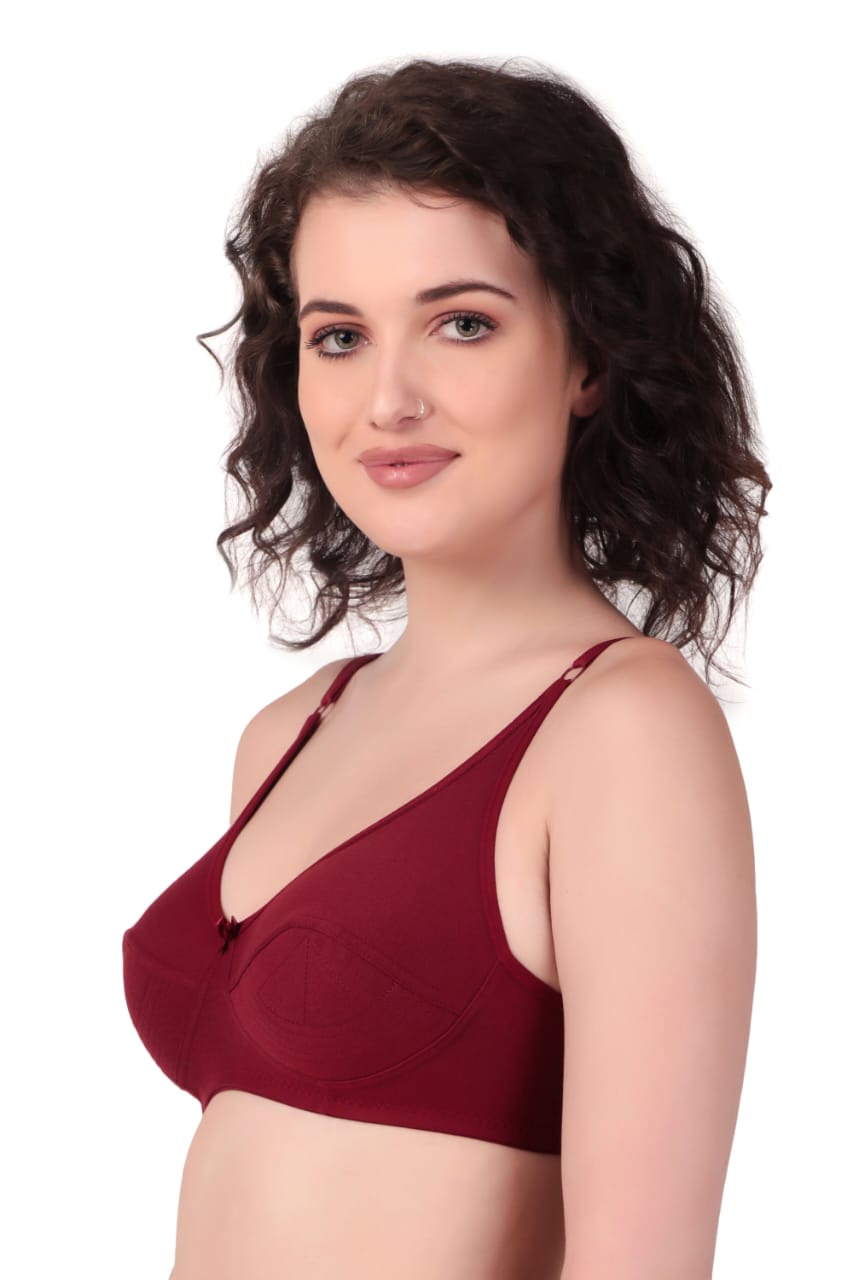 side view Liamoure Cotton Blend Seamed non wired non padded bra in majenta offers full coverage and comfort, ideal for everyday wear in lingerie collections.