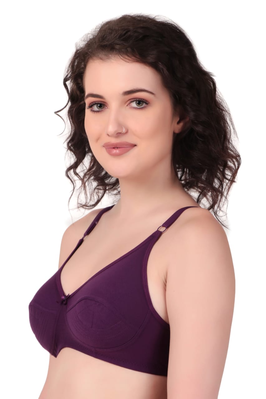side view Liamoure Cotton Blend Seamed non wired non padded bra in purple offers full coverage and comfort, ideal for everyday wear in lingerie collections.