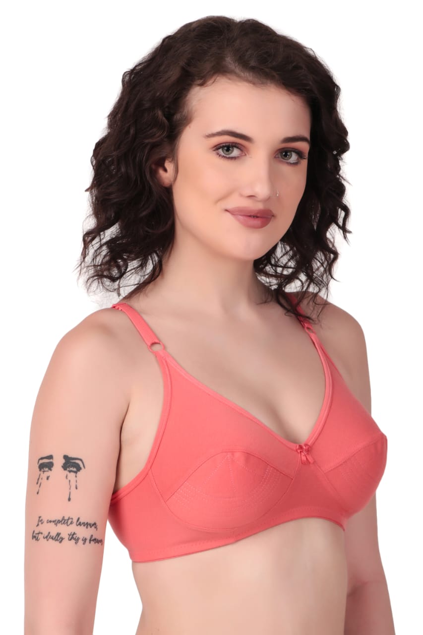 side view Liamoure Cotton Blend Seamed non wired non padded bra in coral pink offers full coverage and comfort, ideal for everyday wear in lingerie collections.