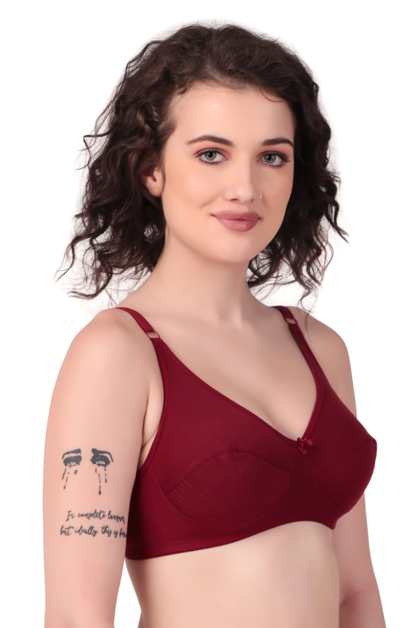 right side view Liamoure Cotton Blend Seamed non wired non padded bra in majenta offers full coverage and comfort, ideal for everyday wear in lingerie collections.