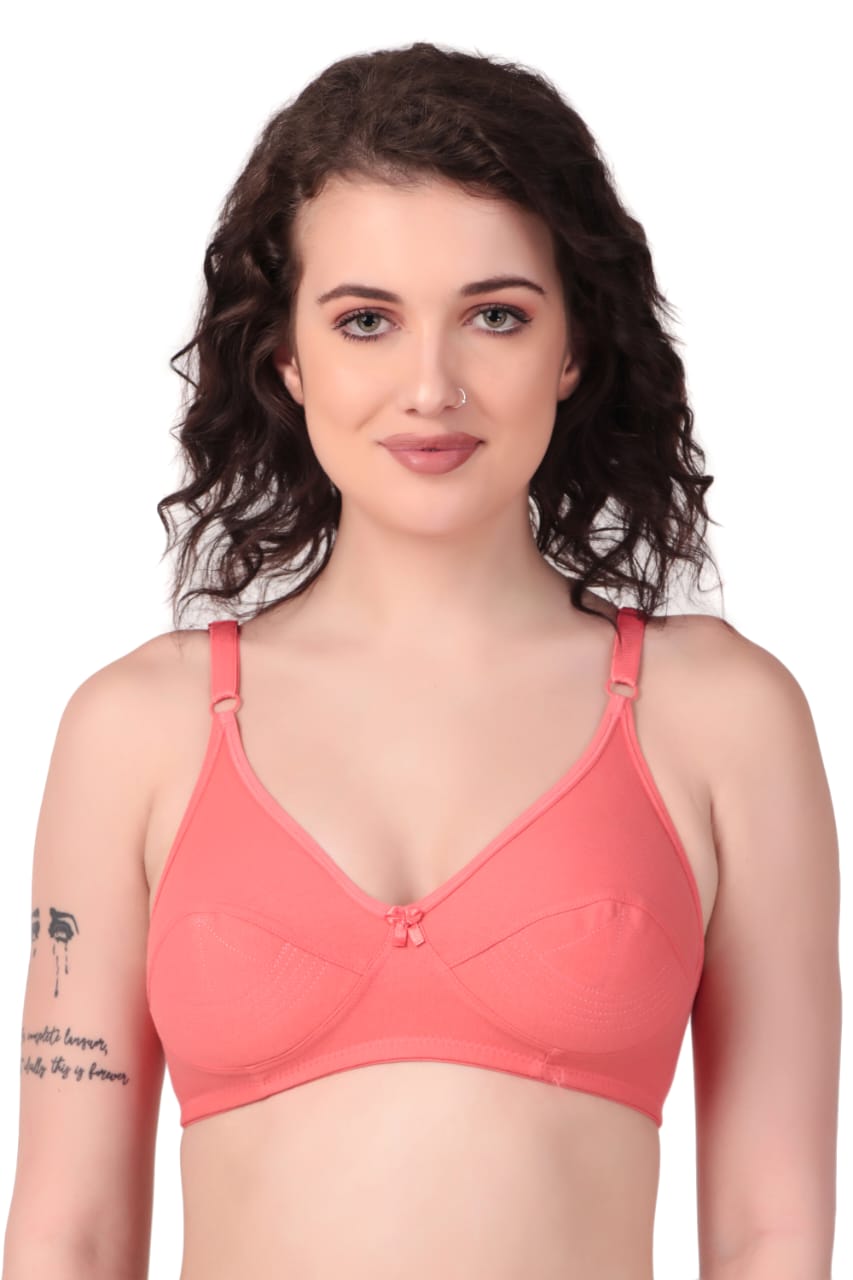 Liamoure Cotton Blend Seamed non wired non padded bra in coral pink offers full coverage and comfort, ideal for everyday wear in lingerie collections.