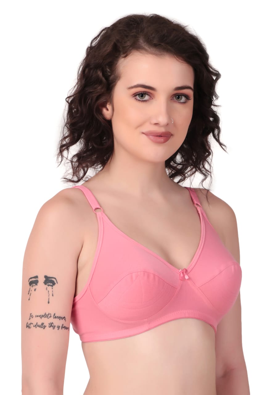 side view Liamoure Cotton Blend Seamed non wired non padded bra in pink offers full coverage and comfort, ideal for everyday wear in lingerie collections.