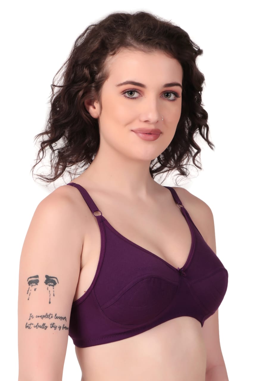 left side view Liamoure Cotton Blend Seamed non wired non padded bra in purple offers full coverage and comfort, ideal for everyday wear in lingerie collections.