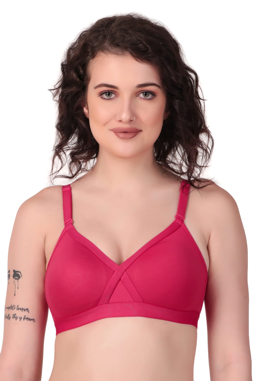 Front view of woman wearing Liamoure cross over bra  for Women Non-Padded | Non-Wired Cotton bra in majenta color
