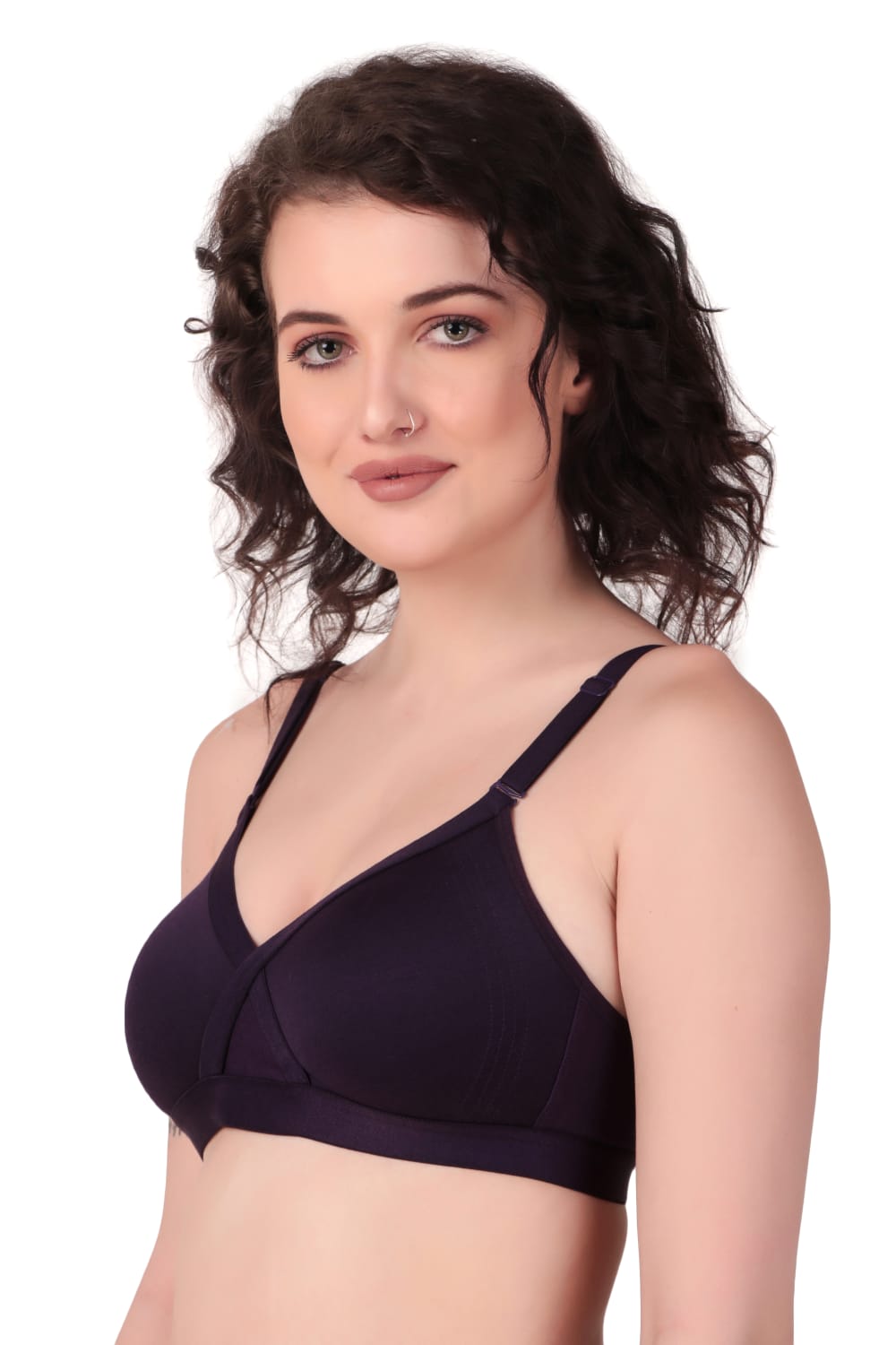 Right Side view of woman wearing Liamoure cross over bra  for Women Non-Padded | Non-Wired Cotton bra in black color