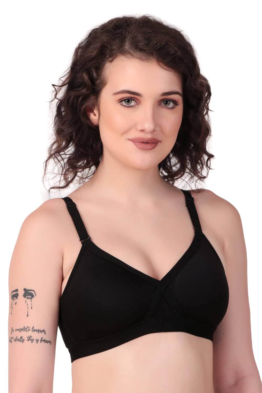 Left Side view of woman wearing Liamoure cross over bra  for Women Non-Padded | Non-Wired Cotton bra in black color