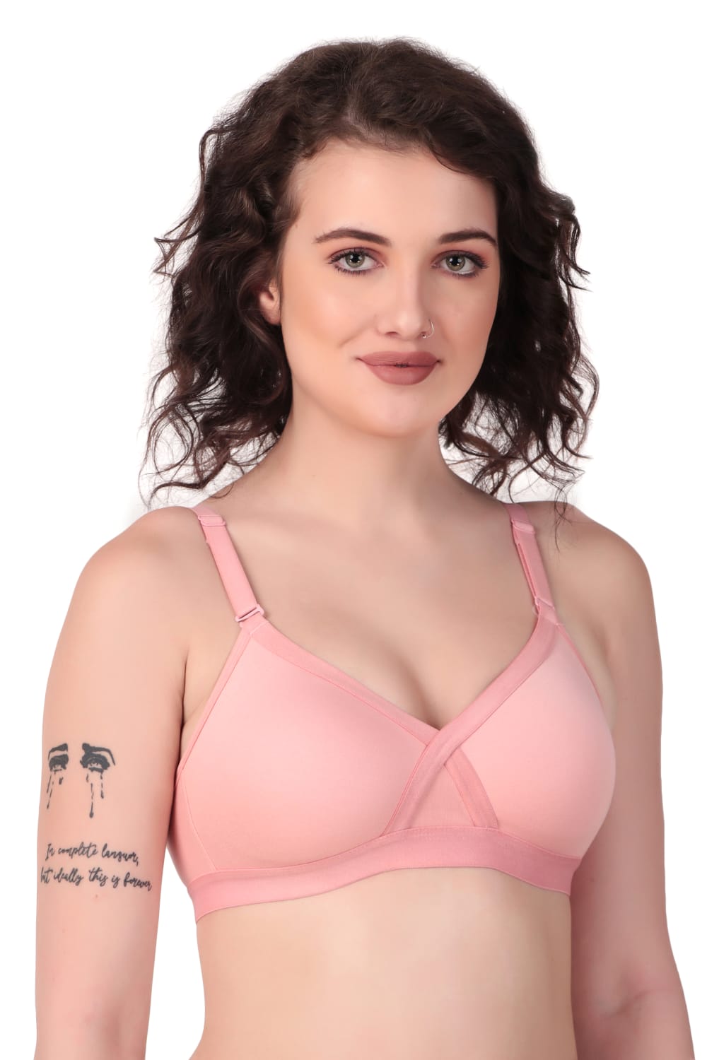 Side view of woman wearing Liamoure cross over bra  for Women Non-Padded | Non-Wired Cotton bra in baby pink color
