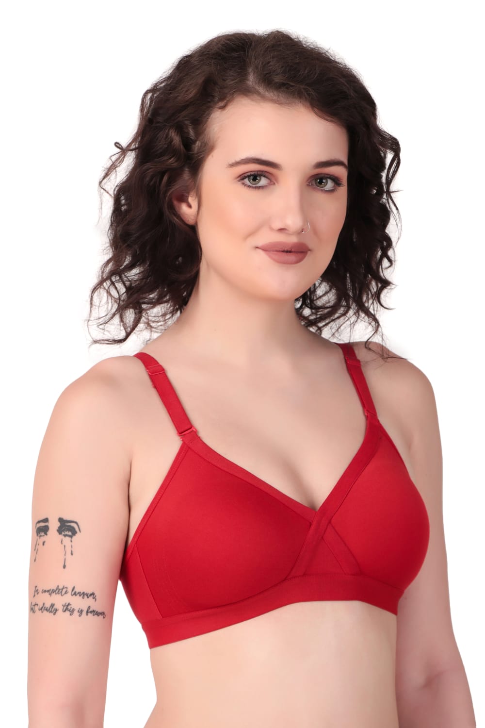Side view of woman wearing Liamoure cross over bra  for Women Non-Padded | Non-Wired Cotton bra in hot red color