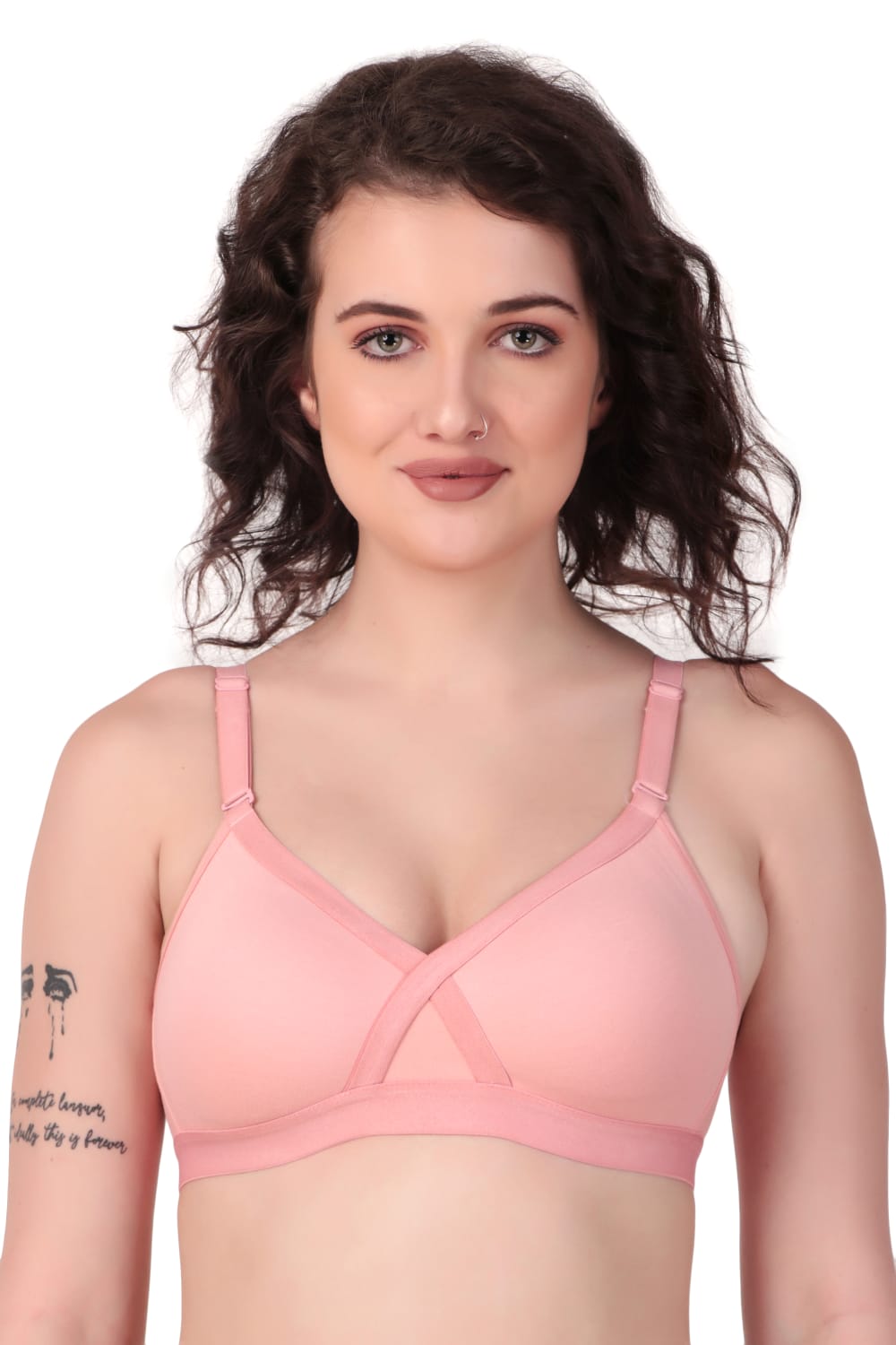 Front view of woman wearing Liamoure cross over bra  for Women Non-Padded | Non-Wired Cotton bra in baby pink color