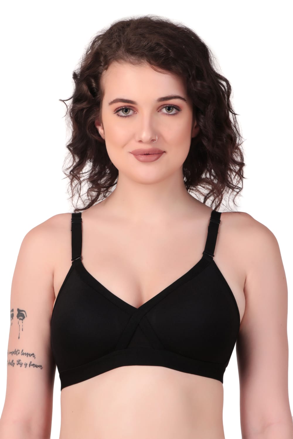 Front view of woman wearing Liamoure cross over bra  for Women Non-Padded | Non-Wired Cotton bra in black color