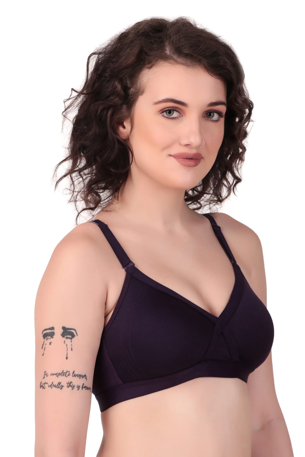 Side view of woman wearing Liamoure cross over bra  for Women Non-Padded | Non-Wired Cotton bra in black color