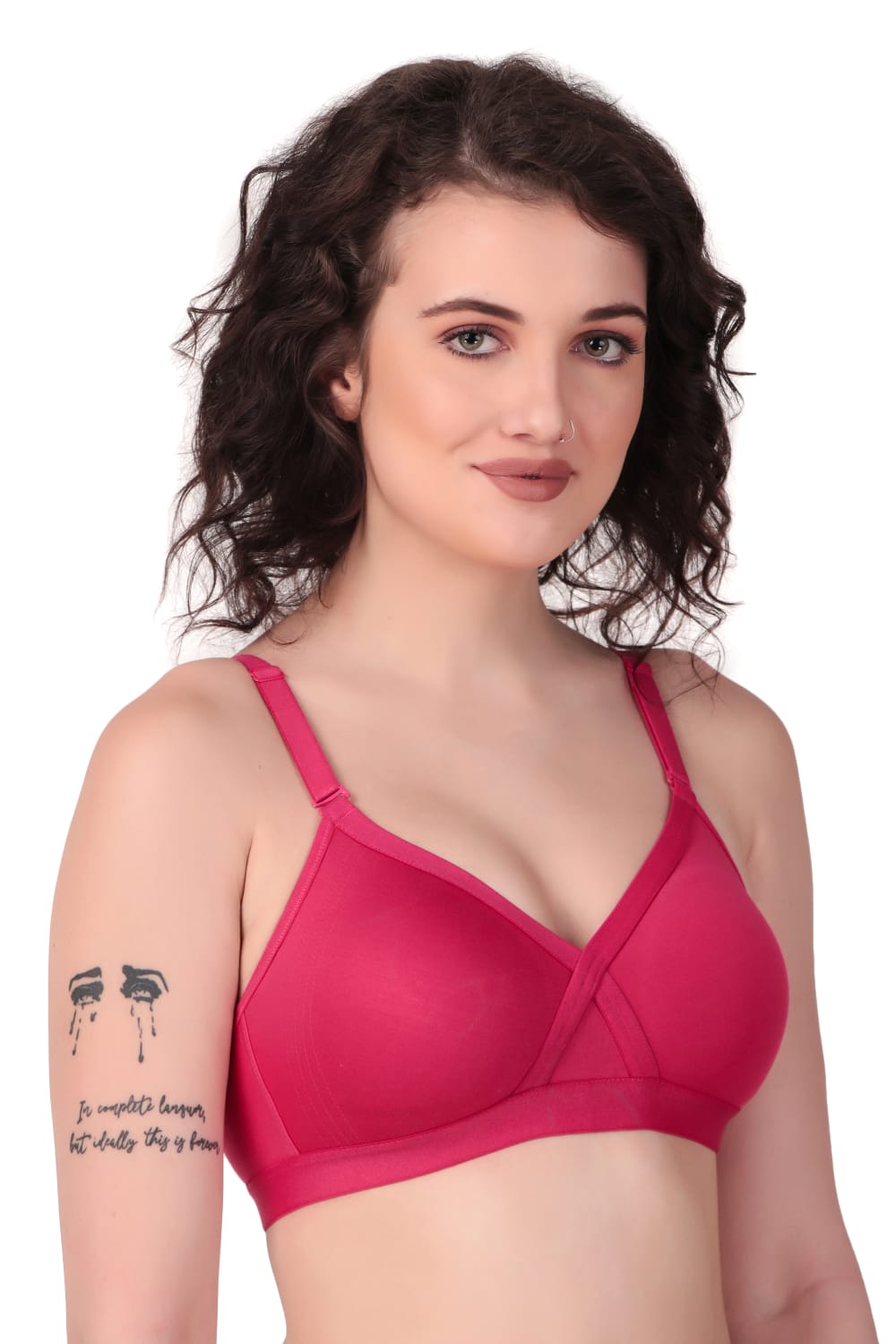 Side view of woman wearing Liamoure cross over bra  for Women Non-Padded | Non-Wired Cotton bra in majenta color