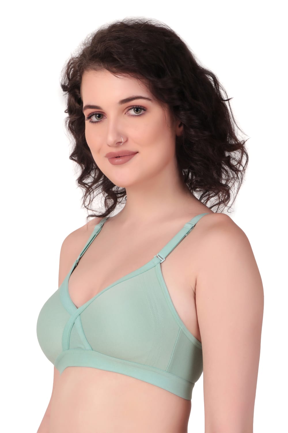 Right Side view of woman wearing Liamoure cross over bra  for Women Non-Padded | Non-Wired Cotton bra in light blue color