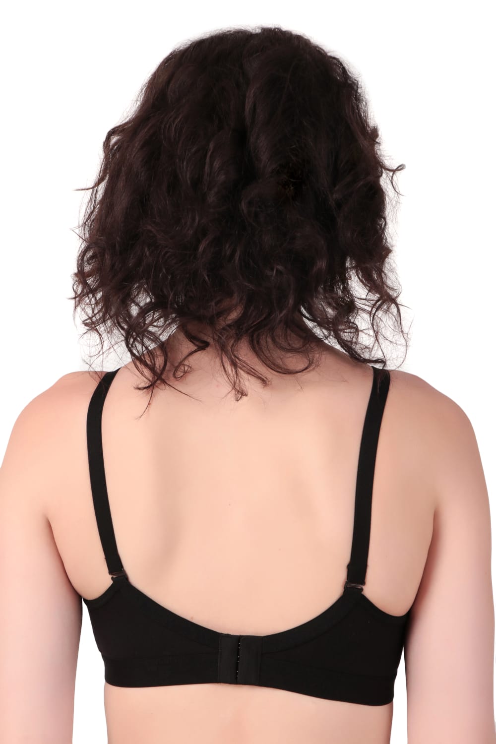 Back view of woman wearing Liamoure cross over bra  for Women Non-Padded | Non-Wired Cotton bra in black color