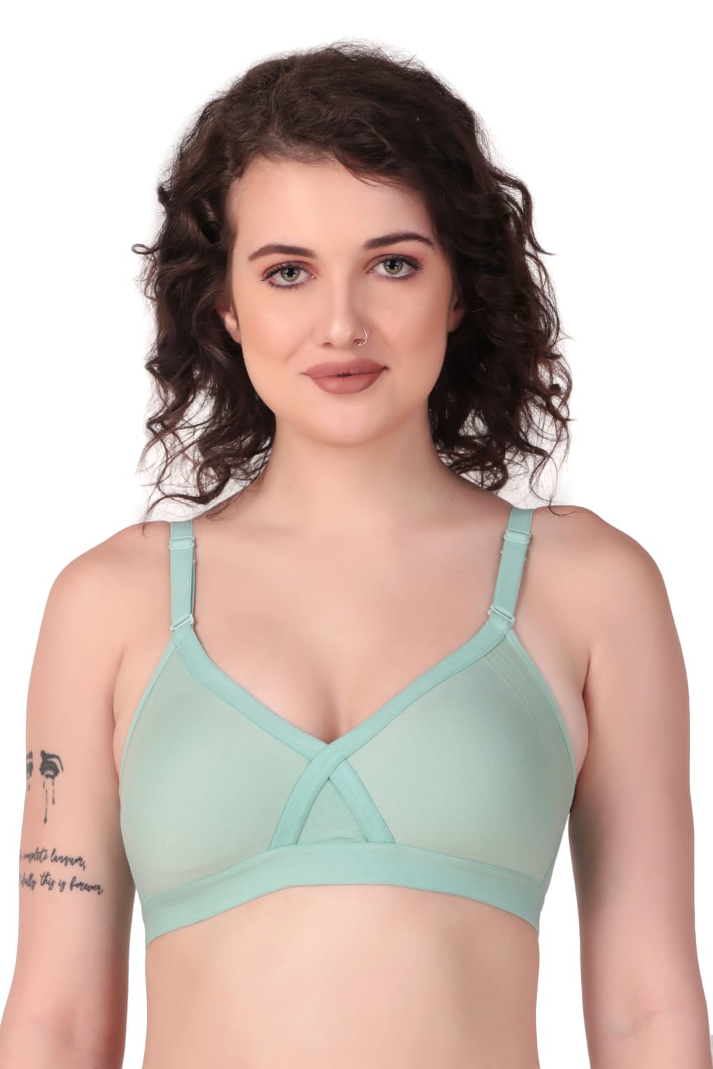 Front view of woman wearing Liamoure cross over bra  for Women Non-Padded | Non-Wired Cotton bra in light blue  color