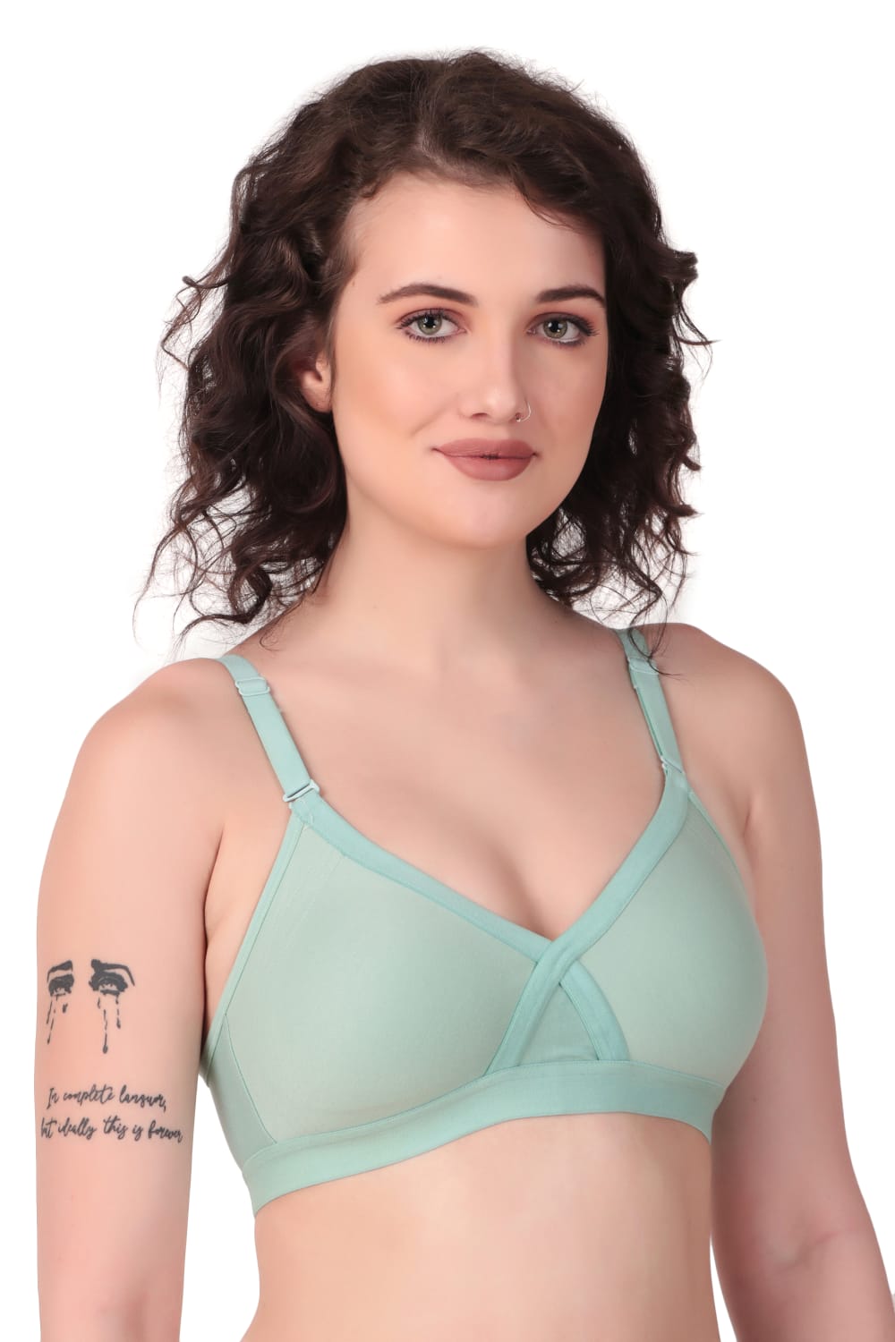 Side view of woman wearing Liamoure cross over bra  for Women Non-Padded | Non-Wired Cotton bra in light blue  color