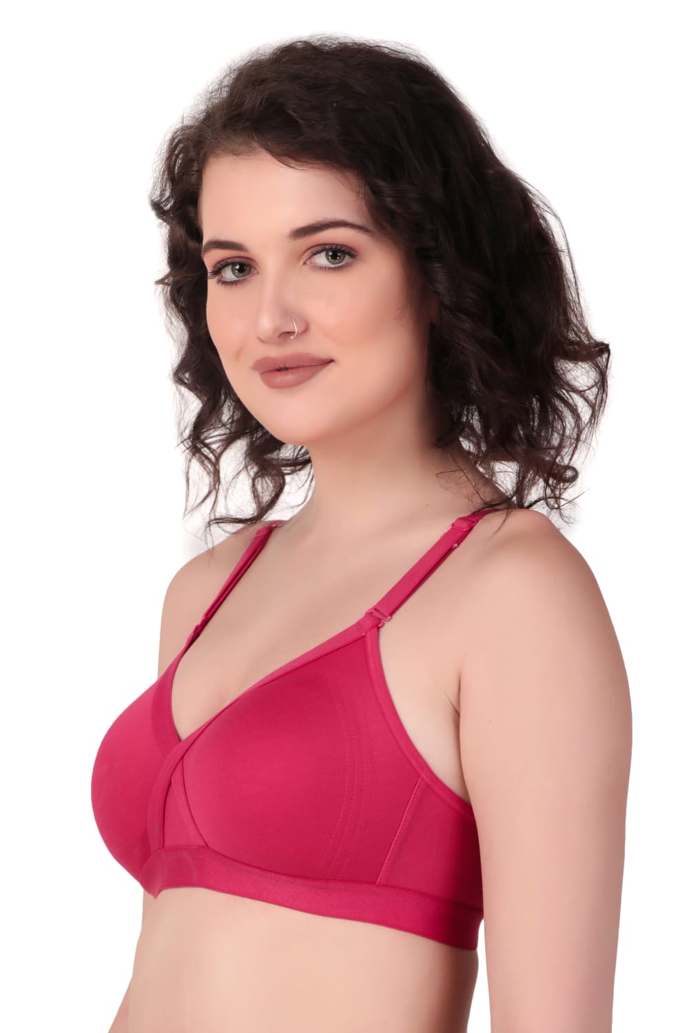 Right Side view of woman wearing Liamoure cross over bra  for Women Non-Padded | Non-Wired Cotton bra in majenta color