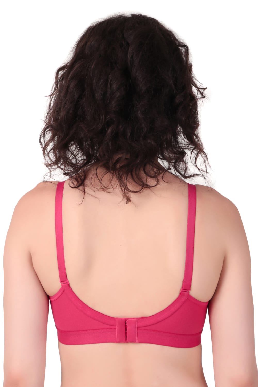Back view of woman wearing Liamoure cross over bra  for Women Non-Padded | Non-Wired Cotton bra in majenta color