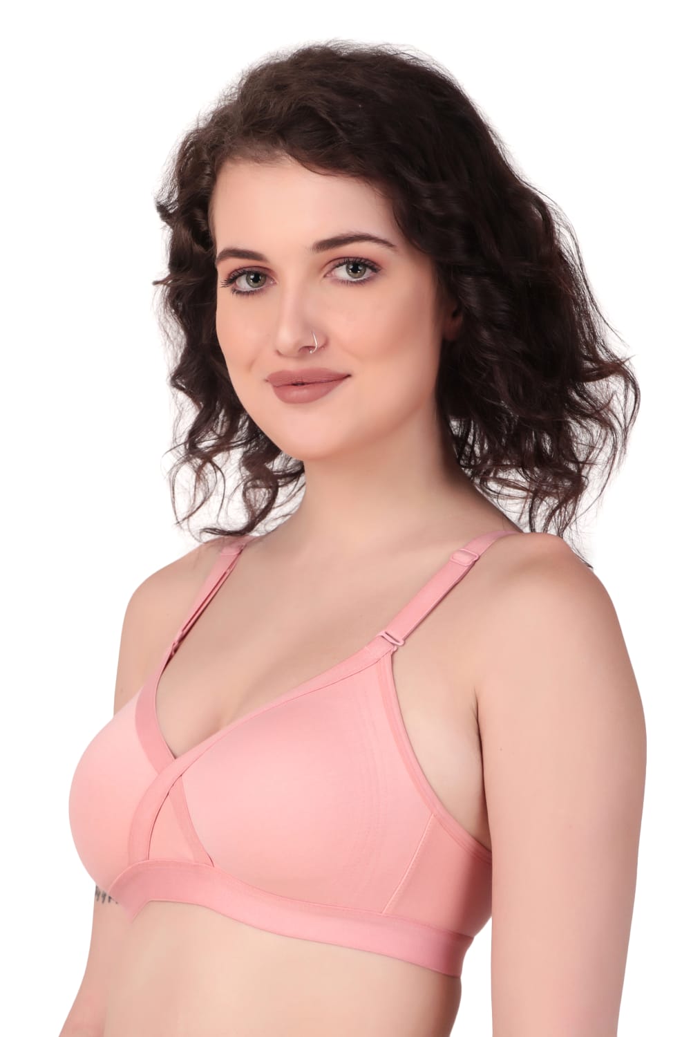 Right Side view of woman wearing Liamoure cross over bra  for Women Non-Padded | Non-Wired Cotton bra in baby pink color