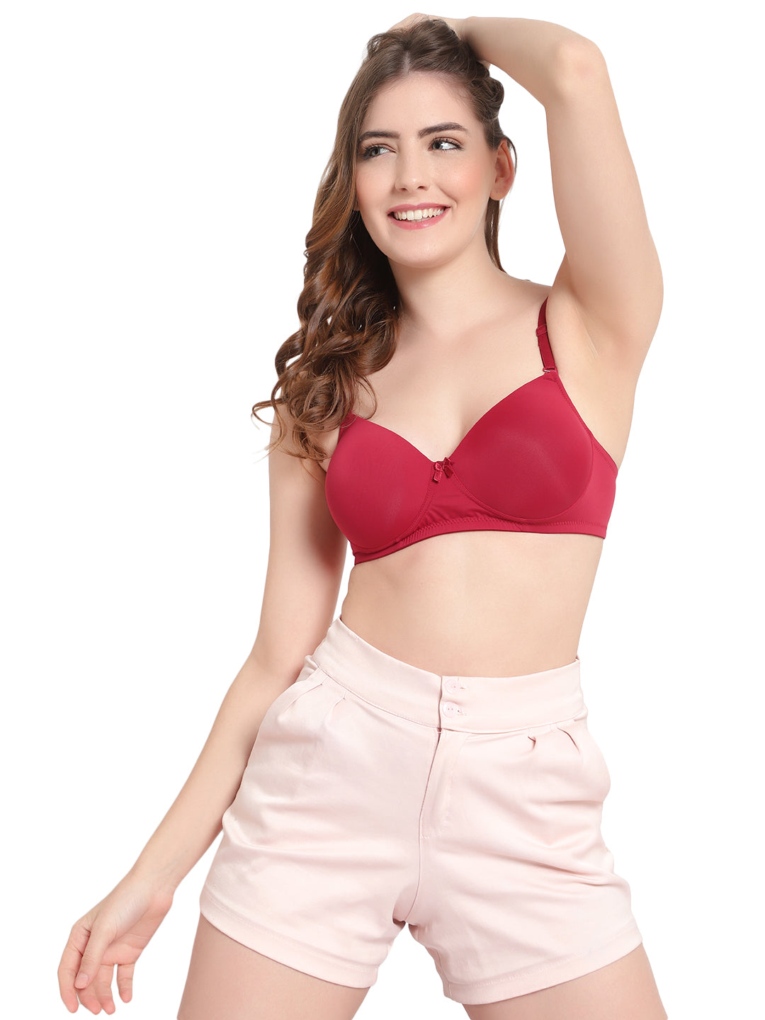 Stylish and comfortable Liamoure Darling Duchess maroon T-shirt bra, non-wired and padded, paired with high-waisted shorts for a trendy look.