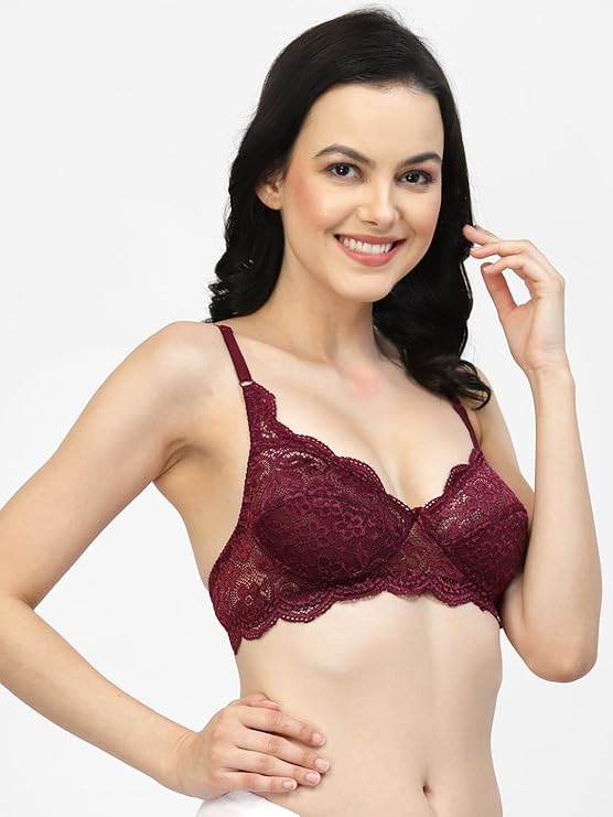 side view woman wearing Liamoure Fancy coffee color lace lingerie Bridal Non Padded & Non-Wired Seamed bra