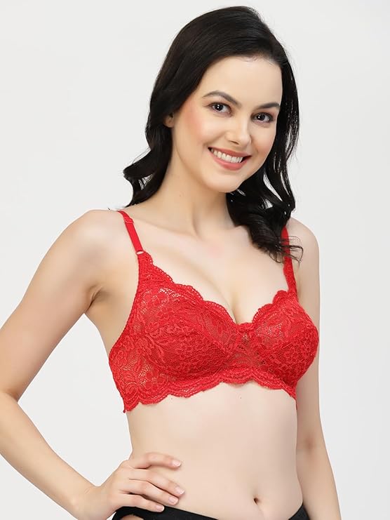 side view woman wearing Liamoure Fancy red lace lingerie Bridal Non Padded & Non-Wired Seamed bra