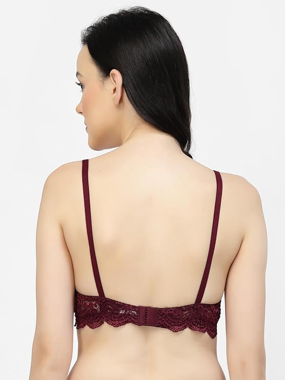back view woman wearing Liamoure Fancy coffee color lace lingerie Bridal Non Padded & Non-Wired Seamed bra