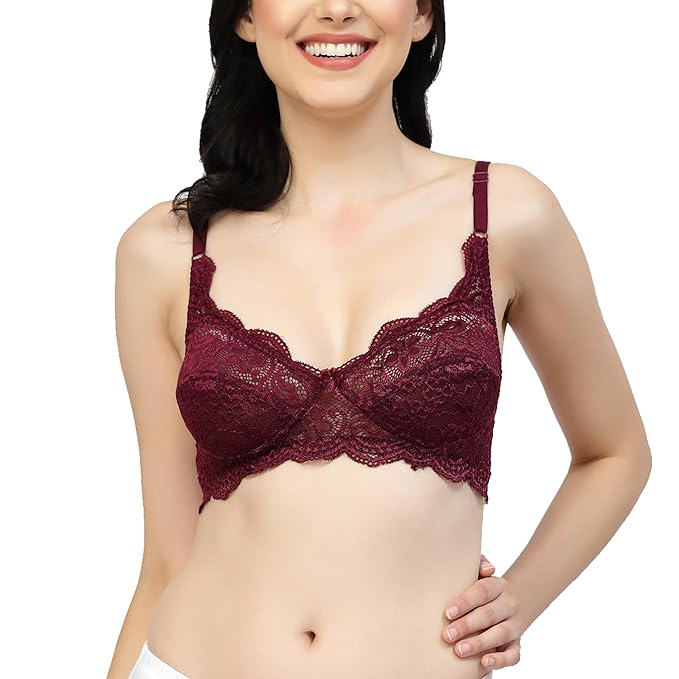 woman wearing Liamoure Fancy coffee color lace lingerie Bridal Non Padded & Non-Wired Seamed bra