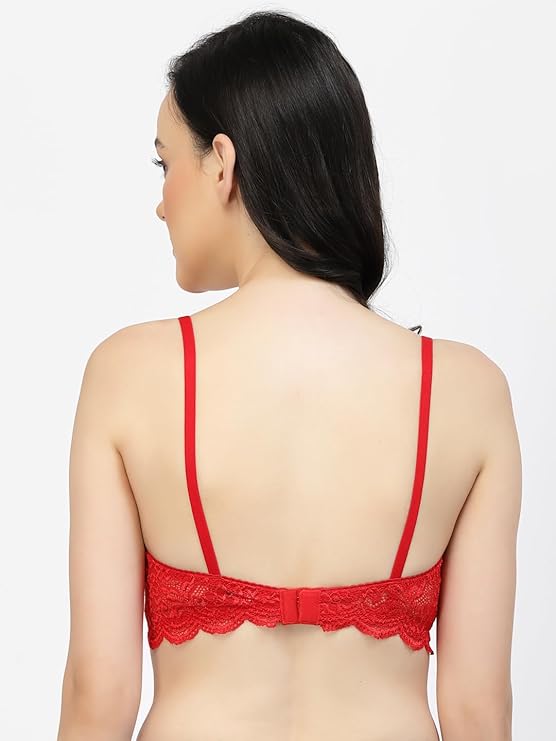 back view woman wearing Liamoure Fancy red lace lingerie Bridal Non Padded & Non-Wired Seamed bra