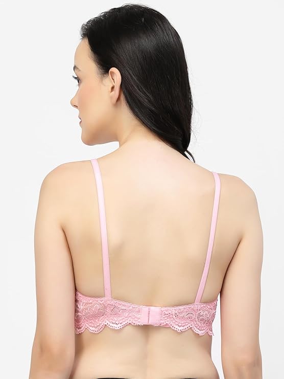 back view woman wearing Liamoure Fancy pink lace lingerie Bridal Non Padded & Non-Wired Seamed bra