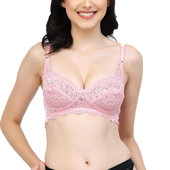 woman wearing Liamoure Fancy pink lace lingerie Bridal Non Padded & Non-Wired Seamed bra