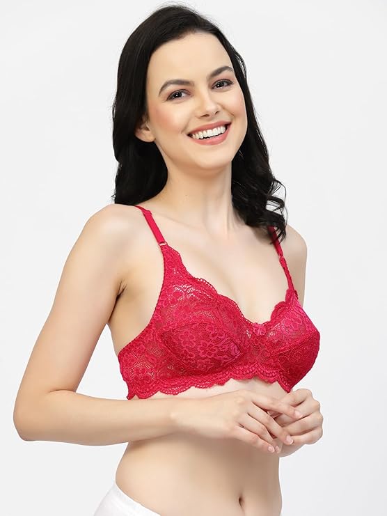 side view of woman wearing Liamoure Fancy red lace lingerie Bridal Non Padded & Non-Wired Seamed bra