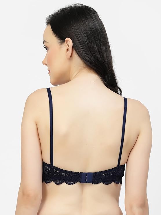 back view woman wearing Liamoure Fancy navy blue lace lingerie Bridal Non Padded & Non-Wired Seamed bra
