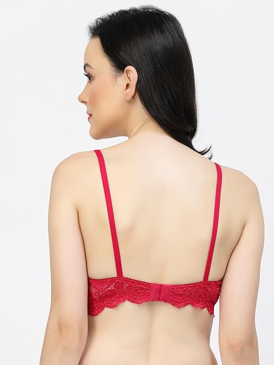 second back view woman wearing Liamoure Fancy red lace lingerie Bridal Non Padded & Non-Wired Seamed bra