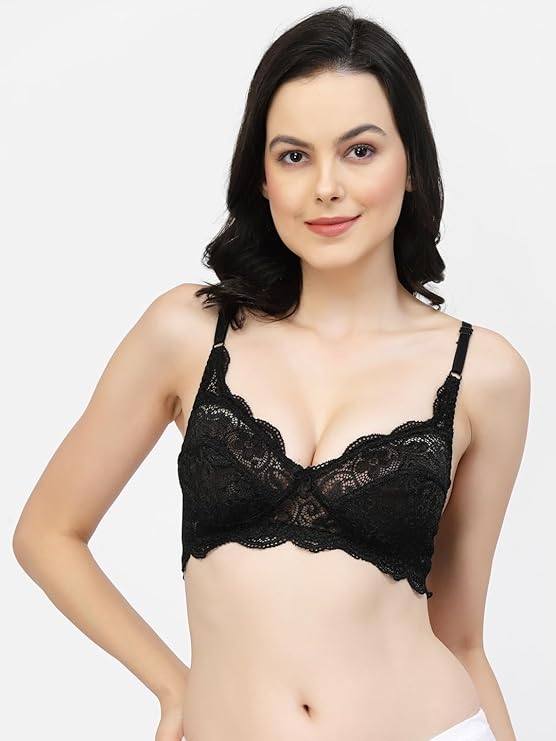 woman wearing Liamoure Fancy black lace lingerie Bridal Non Padded & Non-Wired Seamed bra