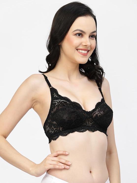 side view woman wearing Liamoure Fancy black lace lingerie Bridal Non Padded & Non-Wired Seamed bra