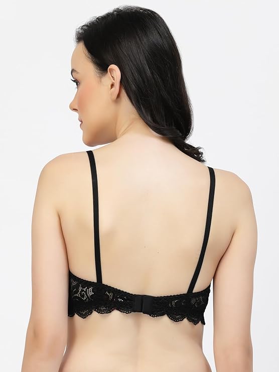back view of woman wearing Liamoure Fancy black lace lingerie Bridal Non Padded & Non-Wired Seamed bra