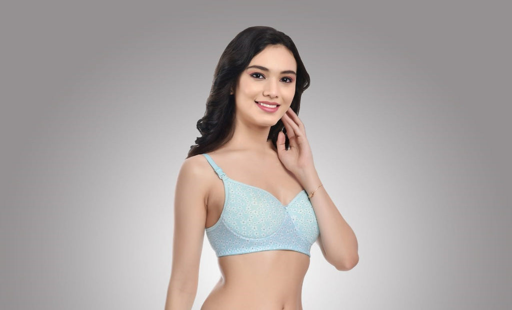 side view Liamoure Full Coverage Printed Padded Bra in light blue with white floral print, offering stylish and comfortable support for everyday wear.
